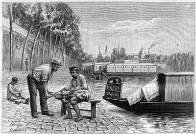 قطع للكلاب بالقرب من جسر Solferino في باريس - نقش في "La Nature" من عام 1892. بواسطة فنان غير معروف