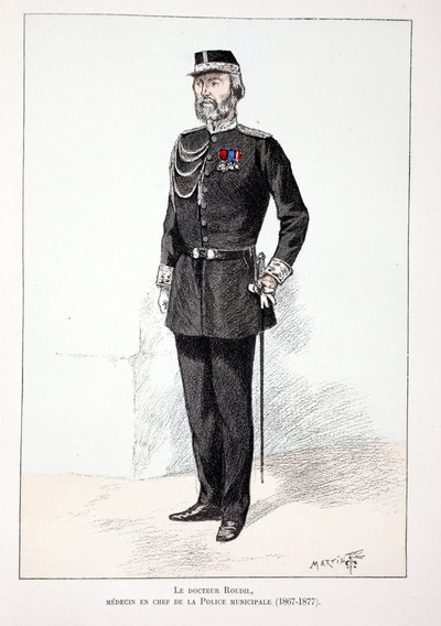 روضيل ، الضابط الطبي الرئيسي للشرطة البلدية (1867-1877). نقش بالألوان ، للتوضيح ، كتاب "Histoire du corps des gardiens de la paix" "" "الذي نُشر تحت رعاية حاكم شرطة نهر السين لويس ليبين (1846-1933) ، بقلم أ. بواسطة فنان غير معروف