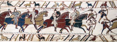 يشجع الدوق ويليام قواته على الاستعداد للمعركة ضد الجيش الإنجليزي ، Bayeux Tapestry (تطريز الصوف على الكتان) بواسطة فنان غير معروف