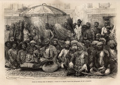دوربار (مجلس إقطاعي وقانوني لدولة أميرية) لمهراجا رانا ، مملكة دوليبور (راجاستان). نقش للرسام l'Inde des Rajahs ، بقلم لويس روسيليت ، في 1864-1868 ، نُشر في "" Le tour du monde "" "1872 ، تم تحريره بواسطة Edouard Char بواسطة فنان غير معروف