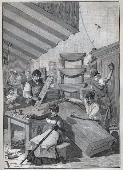 Ebenisterie: ورشة طلاء الطوابع. نقش من عام 1885 في "" Les Arts et metiers Illustres "" لأدولف بيتارد. بواسطة فنان غير معروف
