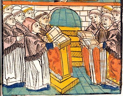 الغناء الكنسي (الرهبان الغناء) - في مخطوطة "" مجمع كونستانس "من عام 1497. بواسطة فنان غير معروف