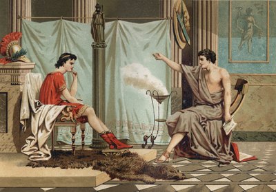 تعليم الإسكندر الأكبر (356 - 323 قبل الميلاد) من قبل الفيلسوف أرسطو (384 قبل الميلاد إلى 322 قبل الميلاد بعد "La Ciencia y sus Hombres" "للويس فيغير ، برشلونة 1881. بواسطة فنان غير معروف