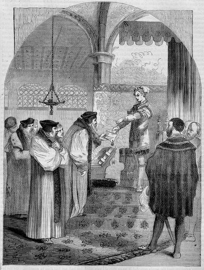 إدوارد السادس (1547-1553) ملك إنجلترا يقدم شهادة جوان بوشر لرئيس الأساقفة كرانمر بواسطة فنان غير معروف