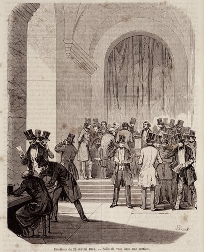 انتخابات 23 أبريل 1848: غرفة الاقتراع في قسم - في "" التاريخ الشعبي المعاصر " بواسطة فنان غير معروف