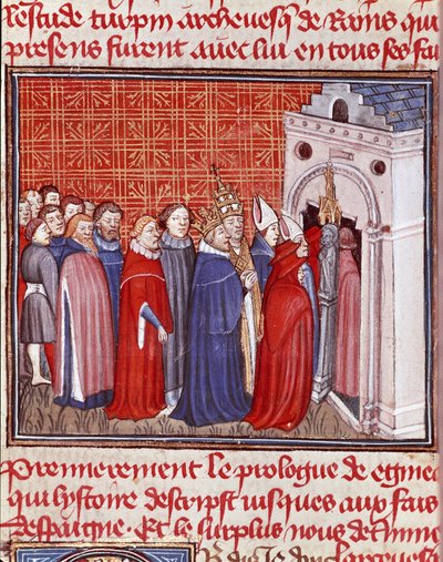تيجان الإمبراطور شارلمان (742-814) تدخل كنيسة تليها تيجان مصغرة من "" Les grandes Chronicles de France "من القرن الخامس عشر شانتيلي ، متحف كوندي بواسطة فنان غير معروف