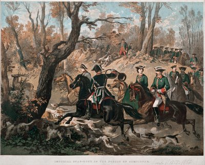 الإمبراطور نابليون الثالث (1808-1873) وزوجته يوجينيا دي مونتيجو (1826-1920) يسيران في غابة كومبين للطباعة الحجرية بالألوان حوالي عام 1855 ميلانو ميوزيو ديل ريسورجيمنتو بواسطة فنان غير معروف
