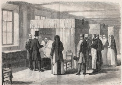 الإمبراطور نابليون الثالث (1808-1873) يزور غرف فندق ديو (فندق ديو) لمرضى الكوليرا ويتحدث معهم - نقش في "" العالم المصور " بواسطة فنان غير معروف