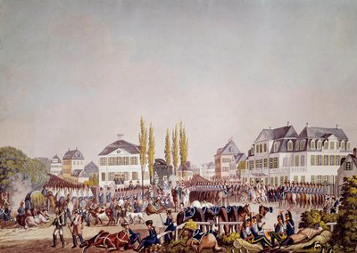الإمبراطور نابليون الأول (1769-1821) يستعرض القوات في فرانكفورت. نقش من عام 1813. فرانكفورت ، المتحف التاريخي بواسطة فنان غير معروف