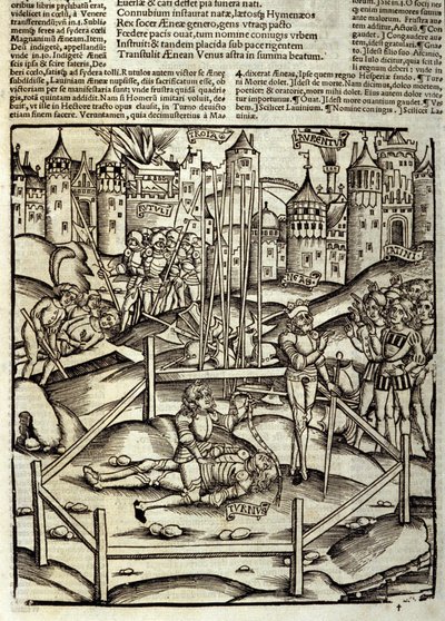 Eneide de Virgil (70 قبل الميلاد - 19 قبل الميلاد) ، الكتاب الثاني عشر ، أبطال طروادة Enee يقتلون في معركة Turnus تحت عيون اللاتين والروتولز. Xylography بواسطة سيباستيان برانت (1458-1521). ستراسبورغ بواسطة فنان غير معروف