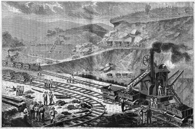 نقش من عام 1885 يُظهر أعمال حفر برزخ بنما. منظر لإحدى الهجمات على حوض بناء السفن في الإمبراطور. بواسطة فنان غير معروف