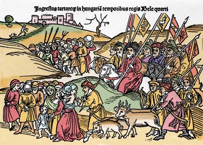 دخول التتار إلى المجر تحت حكم بيلا الرابع (1235-1270) من المجر. نقش من "Chronica Hungariae". مكتبة مارسيانا ، البندقية. بواسطة فنان غير معروف