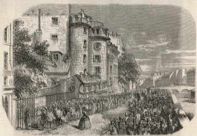 دخول محافظة الشرطة عن طريق شارع القدس في زاوية Quai des Orfevres في باريس في القرن التاسع عشر قبل 1871 - نقش في "Tableau-de-Paris" بواسطة Edmond Texier 1852. بواسطة فنان غير معروف