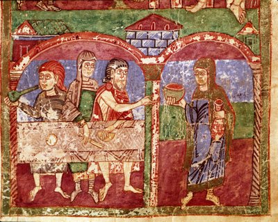 حلقة من حياة Sainte Radegonde (Radegundis) de Poitiers (519-587) ، زوجة Clotaire I ، ملك الفرنجة: يخدم Radegonde أثناء أعماله الخيرية على مائدة الفقراء. صورة مصغرة من مخطوطة من القرن الحادي عشر. مكتبة بلدية بواتييه بواسطة فنان غير معروف