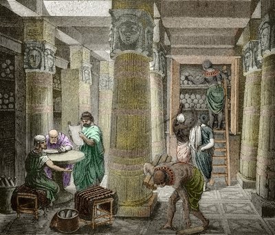 شروح بمكتبة الإسكندرية ، دمرت عام 642 ، مصر) (منظر لمكتبة الإسكندرية ، مصر) القرن التاسع عشر (نقش) بواسطة فنان غير معروف