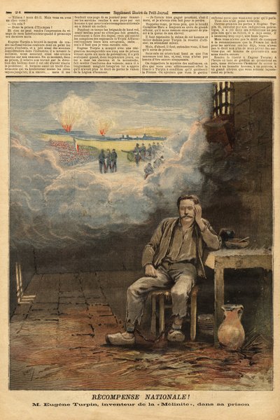 يوجين توربين (1848-1927) الكيميائي ، مخترع مادة ميلينيت (مادة متفجرة) في زنزانته عام 1884 ، اتهم (خطأ) ببيع اختراعه للعدو. ألهم جول فيرن لشخصية توماس روش في رواية "Face au drapeau". النقش في بواسطة فنان غير معروف