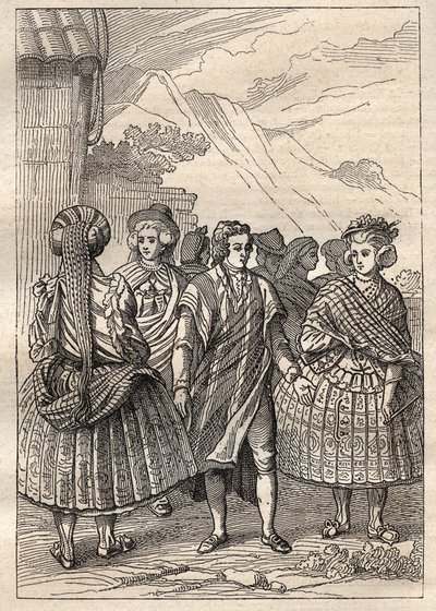 رحلة استكشافية حول العالم (1785-1788) بقلم جان فرانسوا غالوب دي لا بيروس (1741-1788): أزياء سكان كونسيبسيون (تشيلي) - رسم توضيحي مأخوذ من "البحارة العظماء في القرن الثامن عشر" بواسطة فنان غير معروف