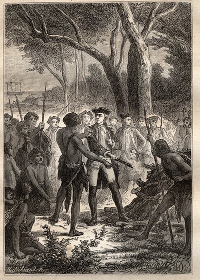رحلة استكشافية من نيكولاس توماس ماريون دوفرسن (ماريون دوفرسن) (1729-1772): نزلت ماريون مرقشها في فريدريك هنري باي (تسمانيا) وعرض عليها براندون أشعله السكان الأصليون - رسم توضيحي مأخوذ من "البحارة العظماء في القرن الثامن عشر" بواسطة فنان غير معروف