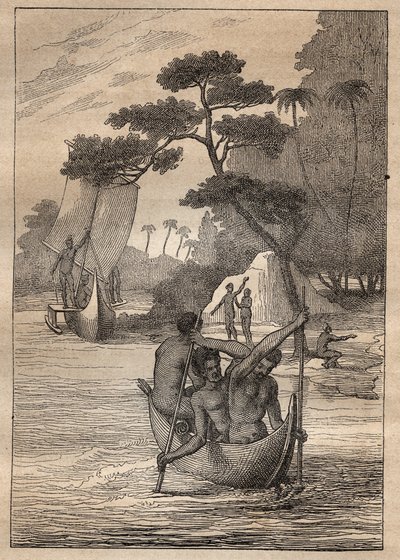 رحلة استكشافية من نيكولاس توماس ماريون دوفرسن (ماريون دوفرسن) (1729-1772): زوارق من جزر أدميروت (أرخبيل بسمارك ، بابوا غينيا الجديدة) - رسم توضيحي مأخوذ من "" البحارة العظماء في القرن الثامن عشر "" بواسطة فنان غير معروف