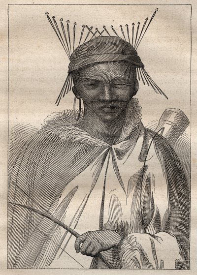 رحلة استكشافية إلى داخل أراضي جنوب إفريقيا (1775) بواسطة Anders Sparrman (1748-1820): boschiman (Bochiman أو San ، السكان الأصليون في جنوب إفريقيا) - رسم توضيحي مأخوذ من "البحارة العظماء في القرن الثامن عشر" بواسطة فنان غير معروف