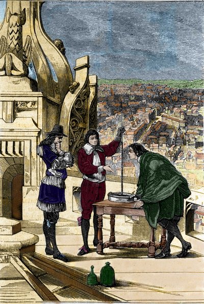 تجربة Blaise Pascal مع مقياس الزئبق في الجزء العلوي من Tour Saint Jacques la Boucherie في باريس. بواسطة فنان غير معروف