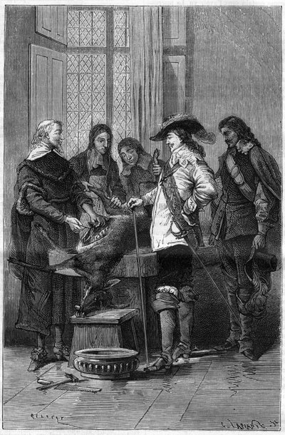 تجربة ويليام هارفي (1578-1657) ، طبيب إنجليزي يظهر تشارلز الأول ستيوارت (1600-1649) ملك إنجلترا وأطباء الكلية الملكية في لندن ظاهرة الدورة الدموية على ظبية حية. نقش في "" La Nature "" بواسطة فنان غير معروف