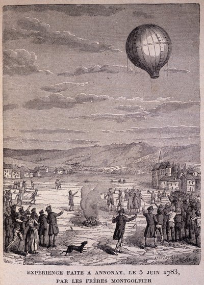 تم إجراء التجربة في Annonay في 5 يونيو 1783 بواسطة Montgolfier Brothers - في "" Les Contemporains "، في أواخر القرن التاسع عشر. بواسطة فنان غير معروف
