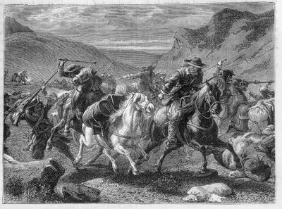 أجهزة الساونا الزائفة (أجهزة الساونا الزائفة) تهاجم في كمين نصبه جنود الملك - في "عجائب الصناعة" بقلم لويس فيغييه بواسطة فنان غير معروف