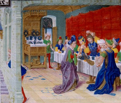 مشهد وجبة العيد ، يتم تقديم طاووس على الطاولة. صورة مصغرة مأخوذة من "La Vraye Histoire du Bon Roy Alixandre" "بواسطة Callisthenes أو Kallisthenes (حوالي 360-328 قبل الميلاد) بواسطة فنان غير معروف