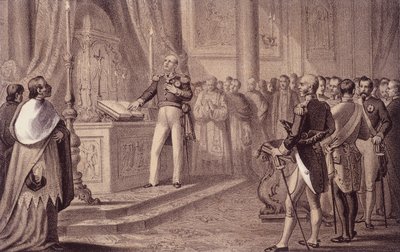 افتتح فرديناند الأول من بوربون أو فرديناند الرابع (1751 - 1825) ، ملك نابولي ، دستور 1820 - في "" Storia d'Italia " بواسطة فنان غير معروف