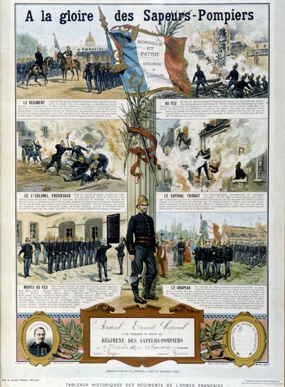 رجال الإطفاء: إلى مجد Sapeurs - في "" اللوحات التاريخية لأفواج الجيش الفرنسي "" حوالي عام 1890 بواسطة فنان غير معروف