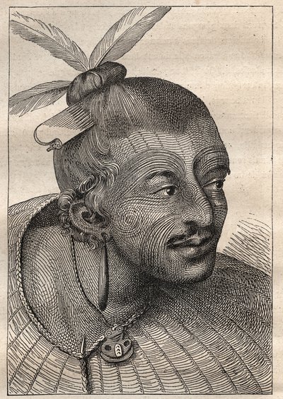 الرحلة الأولى (1768-1771) للكابتن جيمس كوك (1728-1779): رأس موشوم لنيو زيلاندي (نيو زيلاندي) - رسم مأخوذ من "البحارة العظماء في القرن الثامن عشر" بواسطة فنان غير معروف