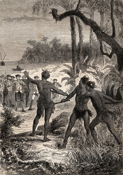 الرحلة الأولى (1768-1771) للكابتن جيمس كوك (1728-1779): بينما كان كوك وعشرة بحارة يبحرون على الساحل الزوال لنيوجيني ، قام ثلاثة هنود من الغابة مع صرخات عظيمة - رسم توضيحي مأخوذ من "البحارة العظماء في" القرن الثامن عشر "" بواسطة فنان غير معروف