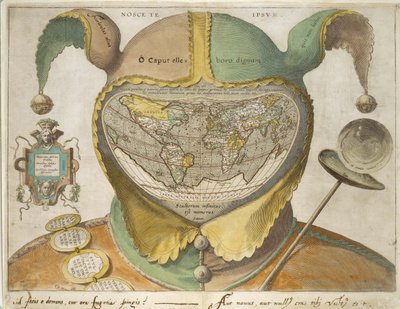خريطة العالم لغطاء Fool#39;s Cap، حوالي 1590 (نقش ملون يدويًا على ورق أبيض اللون، مع نقوش بالحبر الحديدي) بواسطة فنان غير معروف