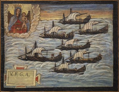 بحار فوتو سابقًا (ex voto) ، عرض شعبي كتعهد بإخلاص وامتنان للبحار الناجي من مخاطر البحر القادمة من كنيسة العذراء المباركة لقوس نابولي (مادونا ديلاركو) في إيطاليا في القرن التاسع عشر بواسطة فنان غير معروف