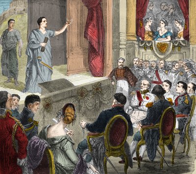 فرانسوا جوزيف (فرانسوا جوزيف) تالما (1763 - 1826) ، كوميدي فرنسي ، يلعب "موت سيزار" ، مأساة في ثلاثة أعمال من فولتير إلى إرفورت (إرفورت) قبل روضة الملوك التي تضم نابليون الأول والكسندر الأول ، قيصر روسيا (1777-1825). م بواسطة فنان غير معروف