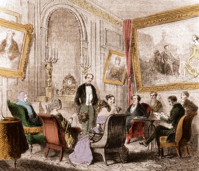 فرانسوا رينيه دي شاتوبريان (1768-1848) ، كاتب وسياسي فرنسي ، يقرأ "Memoires d'Outre-Tomb" في غرفة المعيشة في Madame Recamier في Abbey-au-Bois ، rue de Sevres ، باريس - نقش بواسطة فنان غير معروف