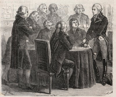 الثورة الفرنسية: الكونت لويس ماري دي ناربون لارا (ناربون لارا) (1755-1813) يعرض خططه في لجان الجمعية - نقش في "" العالم المصور " بواسطة فنان غير معروف