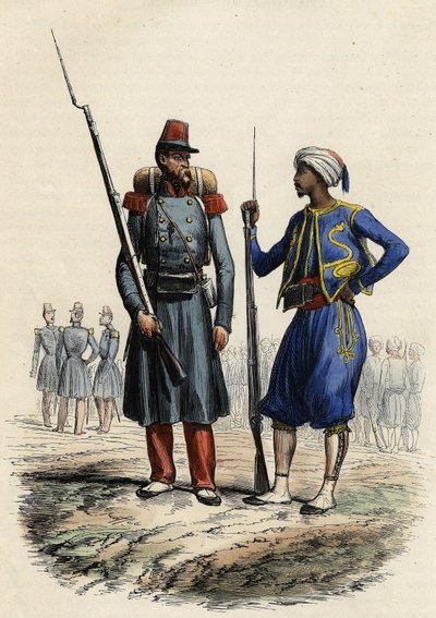 الزي العسكري الفرنسي: على اليسار ، تم تشكيل فيلق أجنبي وإرساله إلى الجزائر عام 1831. على اليمين ، تم تدريب فرسان من السكان الأصليين وإرسالهم إلى الجزائر عام 1841. في L'Algerie ancienne et moderne par Leon Galibert بواسطة فنان غير معروف