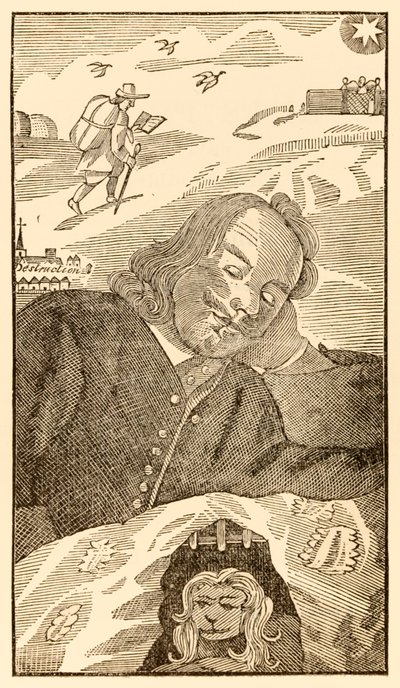 صورة من كتاب "الحجاج يتقدمون من هذا العالم ، إلى ما سيأتي به جون بونيان" (1628-1688) تظهر فيه الكاتب يحلم بالحاج المسيحي المثقل بمعرفة خطيته بواسطة غير معروف