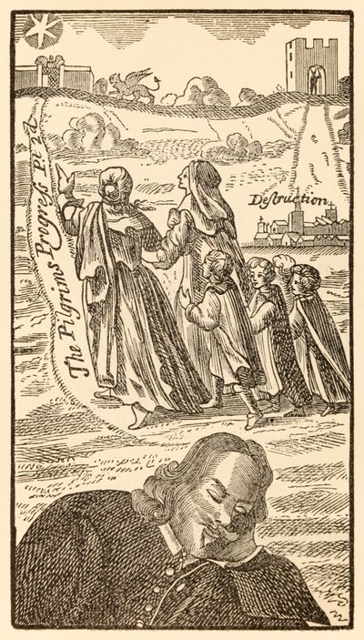 صورة من الجزء الثاني من تقدم الحجاج من هذا العالم ، إلى ما سيأتي به جون بونيان (1628-1688) تظهر فيه المؤلف يحلم بعائلة المسيحيين ، زوجته كريستيانا بواسطة غير معروف
