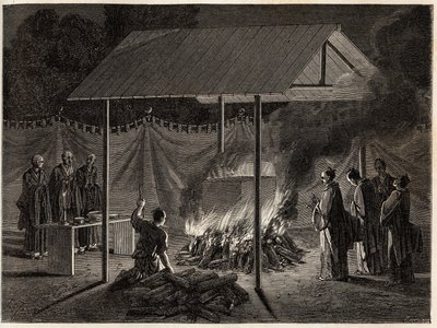 مراسم الجنازة: حرق طقسي. نقش لتوضيح الرحلة إلى اليابان في 1863-1864 ، بقلم آيم هامبرت ، وزير الاتحاد السويسري ، في "Le Tour du monde ، nouveau journal des voyages" ، المنشور تحت إشراف إدوارد شارتون بواسطة فنان غير معروف
