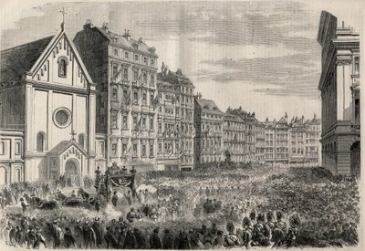 جنازة إمبراطور المكسيك ماكسيميليان الأول (1832-1867): وصول الموكب الجنائزي أمام كنيسة Capuchins في فيينا. نقش في "" L'Univers اللامع "" بواسطة فنان غير معروف