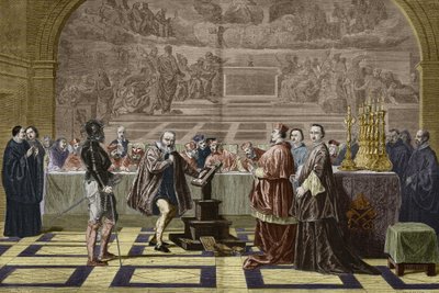 الجليل (جاليليو جاليلي) أمام محاكم التفتيش في المكتب المقدس في الفاتيكان (1632) ، نقش بعد اللوحة لروبرت فلوري جوزيف نيكولاس (1797-1890). بواسطة فنان غير معروف
