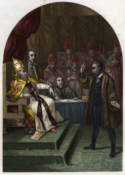 الجليل (أو جاليليو جاليلي (1564-1642) قبل البابا أوربان الثامن عام 1633. (أوربانو 8 مافيو باربيريني) نقش عام 1842 في "تاريخ البابوات" لموريس لاشاتر. مجموعة خاصة. بواسطة فنان غير معروف