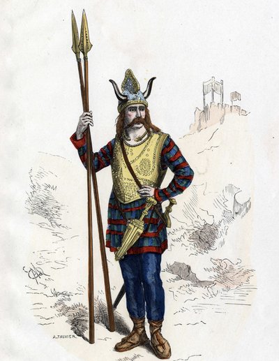 زعيم الغال قبل الفتح الروماني - في "" الأزياء المدنية والعسكرية للفرنسيين عبر القرون باريس ف. روي 1882 ". بواسطة فنان غير معروف