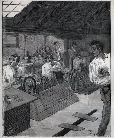 التذهيب الجلفاني: مكشطة - بوساج من جواهر الذهب مع مكشطة بويس. نقش من عام 1885 في "" Les Arts et metiers Illustres "" لأدولف بيتارد. بواسطة فنان غير معروف