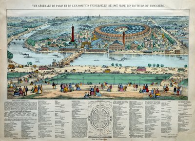 منظر عام لمعرض 1867 العالمي في باريس. في الأسفل: حديقة المدرسة العسكرية لـ Champ de Mars. نقش باريس ، متحف كارنافاليت بواسطة فنان غير معروف