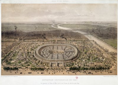 منظر عام للمعرض العالمي لعام 1867 مأخوذ من Trocadero في باريس: Champ de Mars وجسر Iena لعبور نهر السين. مطبوعات القرن التاسع عشر. باريس ، متحف أورسيه بواسطة فنان غير معروف
