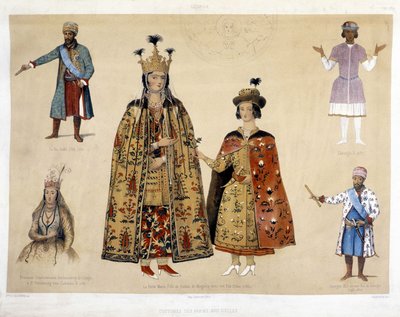 لوحة الأزياء الجورجية في القرنين السادس عشر والسابع عشر: الملك إيراكلي (1744-1798) ، غورغي العاشر (1687) ، الأميرة تشارتشيفادزه (سفيرة جورجيا في سانت بطرسبرغ في عهد كاثرين الثانية 1780) ، الملكة ماري (ابنة داديان من مينجريلي معها ابن أوثيا 1 بواسطة فنان غير معروف